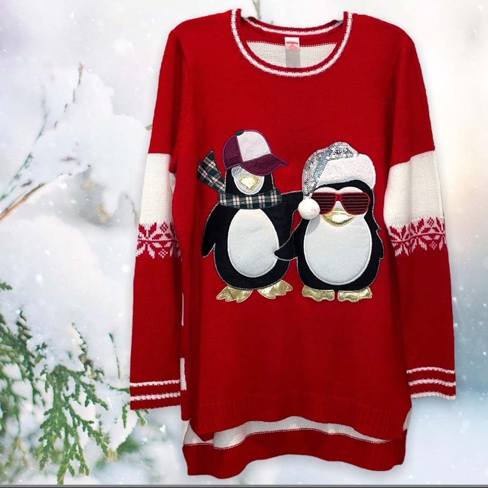Cozy knit sweater with adorable penguins in hats & sunglasses Size 3X (22W-24W)